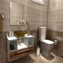 Gabinete para Banheiro Cuba com Espelho Tampo Vidro Bahrein I7 Branco/Nogal