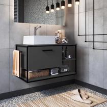 Gabinete para Banheiro Industrial Suspenso 80 cm com 1 Porta e Cuba - Preto/Grafite