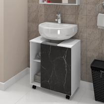 gabinete pia banheiro coluna cor branco e preto estilo marmorizado com rodas 1 porta largura 55 cm
