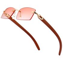 Gafas de sol Dollger sin montura, rectangulares, para hombres y mujeres, estilo hip-hop, patillas de imitación de madera plástica, gafas pequeñas cuadradas coloridas, moda sin marco, estilo años 70 y 90 (Montura imitación madera dorada/Lente rosa)