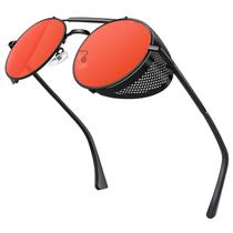 Gafas de sol Sunier Retro Redondas Steampunk con Protección UV400 Negro y Rojo