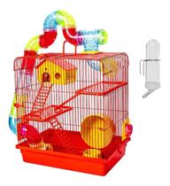 Gaiola Hamster 3 Andares Bebedouro E Tubos Completa Vermelho