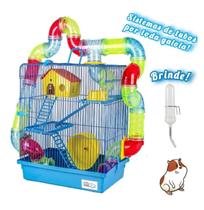 Gaiola Hamster 3 Andares Tubo Super Luxo Azul + Bebedouro