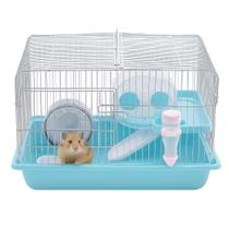 Gaiola hamster duplo andar portatil desmontavel bebedouro esteira brinquedos roedores alca azul
