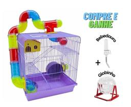 Gaiola Hamster Tubos 3 Andares Lilás 26x38x43 Com Kit Globinho e Bebedouro