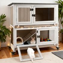 Gaiola para Animais Gowoodhut 91 cm L Casa de Madeira de 2 Andares com Rodas Gaiola para Animais Gowoodhut 91 cm L Casa de Madeira de 2 Andares com Rodas