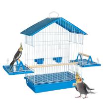 Gaiola Para Aves Calopsita Teto Plástico Cor Azul e Branco Jel Plast Pet Piu