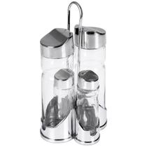Galheteiro de Mesa 4 Peças com Suporte Cromado Frascos de Vidro para Azeite Vinagre Sal e Pimenta Galheteiro de Mesa 4 Peças com Suporte Cromado Frascos de Vidro para Azeite Vinagre Sal e Pimenta