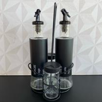 Galheteiro de vidro com azeiteiro, vinagreiro, porta condimento, saleiro e suporte preto 5 peças