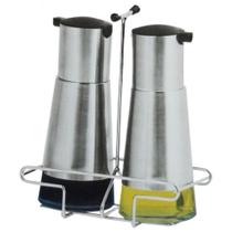 Galheteiro kit 3 pecas inox vidro porta azeite vinagre com suporte metal cozinha restaurante 230ml