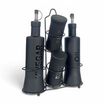Galheteiro Nero De Vidro Com Suporte Condimentos 5 Peças