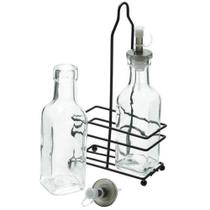 Galheteiro Porta Azeite Vinagre Vidro Inox 2 Peças Suporte Lyor em Vidro