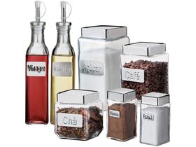 Galheteiro Vidro 7 Pçs Aço Para Mesa Azeiteiro Temperos Euro Galheteiro Vidro 7 Pçs Aço Para Mesa Azeiteiro Temperos Euro