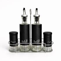 Galheteiro Vidro e Inox 4 Peças 150ml e 300ml Porta Azeite Vinagre Sal Pimenta com Suporte Inox Antigotejamento