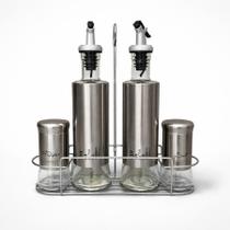 Galheteiro Vidro e Inox 4 Peças 150ml e 300ml Porta Azeite Vinagre Sal Pimenta com Suporte Inox Antigotejamento