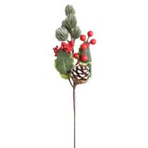 Galho berry natalino com bolinhas vermelha e pinha 35cm