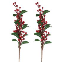Galho Berry Vermelho Folha Enfeite Árvore de Natal 70CM 2UN