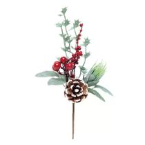 Galho folhas frutas vermelhas e pinha decorativo