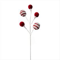 Galho Pick Arvore de Natal Bolas Candy Vermelho Branco 63cm