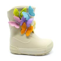 Galocha Infantil Feminina Plugt Acqua Drops Bege com Borboletas, Leve, Confortável e Impermeável