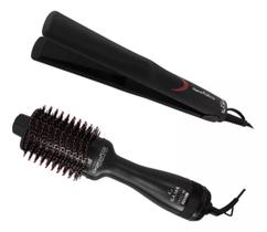 Gama Italy Eleganza Plus Kit com Prancha Chapinha Alisadora e Escova Secadora Modeladora Preto