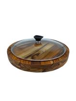 Gamela De Madeira Churrasco Redonda Com Tampa De Vidro 33cm