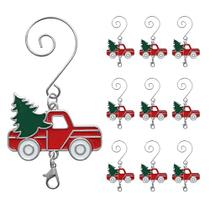 Gancho de Enfeite de Natal do Caminhão Vermelho com S-Hook e Garra de Lagosta - Conjunto de 10 - Caminhão Vermelho Esmaltado com Árvore Verde & Rodas Brancas - Acessórios de Natal & Acentos para Ornamentos Suspensos