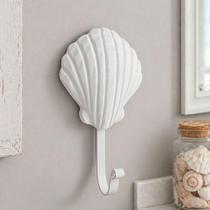Gancho de Parede Concha Porta Toalha para Roupas e Acessórios Branco em Madeira com Metal