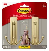 Ganchos de parede Command Large Satin Brass Double 2 ganchos de 4 libras