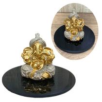 Ganesha Deus Sorte Dourado Brilho Resina 7cm + Bandeja Preto
