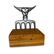 Garfo 5 Pontas Premium Polido Suporte Madeira Tmb Churrasco