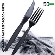 Garfo e Faca reforçado em sache de plástico Preto 50 Kits