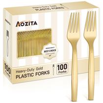 Garfos de plástico descartáveis, 100 unidades de ouro para festas AOZITA
