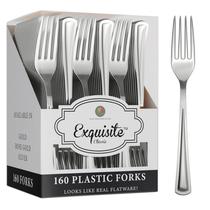 Garfos de plástico prateado Heavy Duty 160 peças de talheres de plástico prateado Conjunto de talheres descartáveis pesados Garfos descartáveis Conjuntos de utensílios para comer Conjunto de talheres para festas requintado