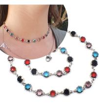 Gargantilha Choker Colorido Corrente Colar Prata Aço Inox Gargantilha Choker Colorido Corrente Colar Prata Aço Inox