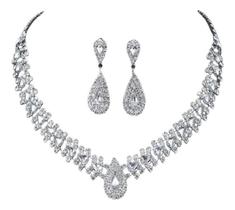 Gargantilha Colar Brinco Strass Gota Prata Noiva Festa Luxo