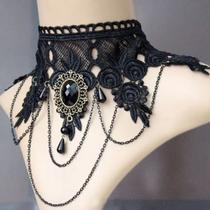 Gargantilha Colar Gótico Vintage Renda e Corrente pedras Para Dança Cigana - AB78