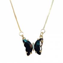 Gargantilha De Borboleta Com Pedra De Cristal Preta Folheada A Ouro 18K Antialérgica - GPRI16