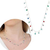 Gargantilha De Prata Feminino Zircônias Coloridas Pingentes