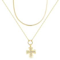 Gargantilha Dupla Pingente Cruz Cravejado Corrente Malha Gargantilha Dupla Pingente Cruz Cravejado Corrente Malha