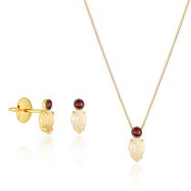 Gargantilha e Par de Brincos Rubi e Quartzo Rosa Ouro 18k Gargantilha e Par de Brincos Rubi e Quartzo Rosa Ouro 18k