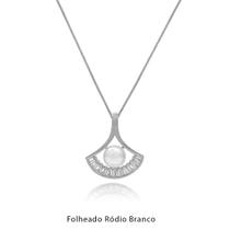 Gargantilha Leque com Zircônias e Pérola Folheado Ródio Branco Gargantilha Leque com Zircônias e Pérola Folheado Ródio Branco