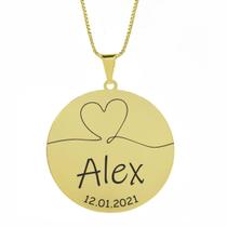 Gargantilha Pingente Redondo Personalizado Coração Nome Alex Banhado Ouro 18K -999007003