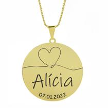 Gargantilha Pingente Redondo Personalizado Coração Nome Alícia Banhado Ouro 18K - 999007230