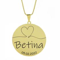 Gargantilha Pingente Redondo Personalizado Coração Nome Betina Banhado Ouro 18K - 999007248