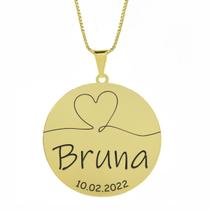 Gargantilha Pingente Redondo Personalizado Coração Nome Bruna Banhado Ouro 18K - 999007253