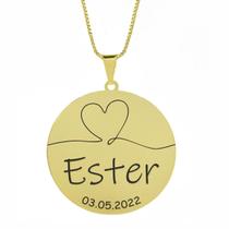 Gargantilha Pingente Redondo Personalizado Coração Nome Ester Banhado Ouro 18K - 999007306