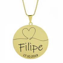 Gargantilha Pingente Redondo Personalizado Coração Nome Filipe Banhado Ouro 18K - 999007188