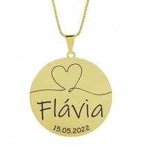 Gargantilha Pingente Redondo Personalizado Coração Nome Flávia Banhado Ouro 18K - 999007318
