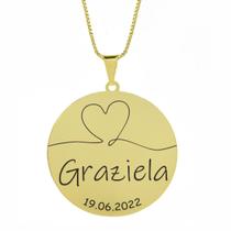 Gargantilha Pingente Redondo Personalizado Coração Nome Graziela Banhado Ouro 18K - 999007342